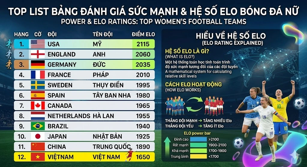 Kèo Bóng Đá Nữ Châu Á: Phân Tích Sức Mạnh Qua Lăng Kính Big Data 1 Top List Bảng Đánh Giá Sức Mạnh & Hệ Số Elo Bóng Đá Nữ